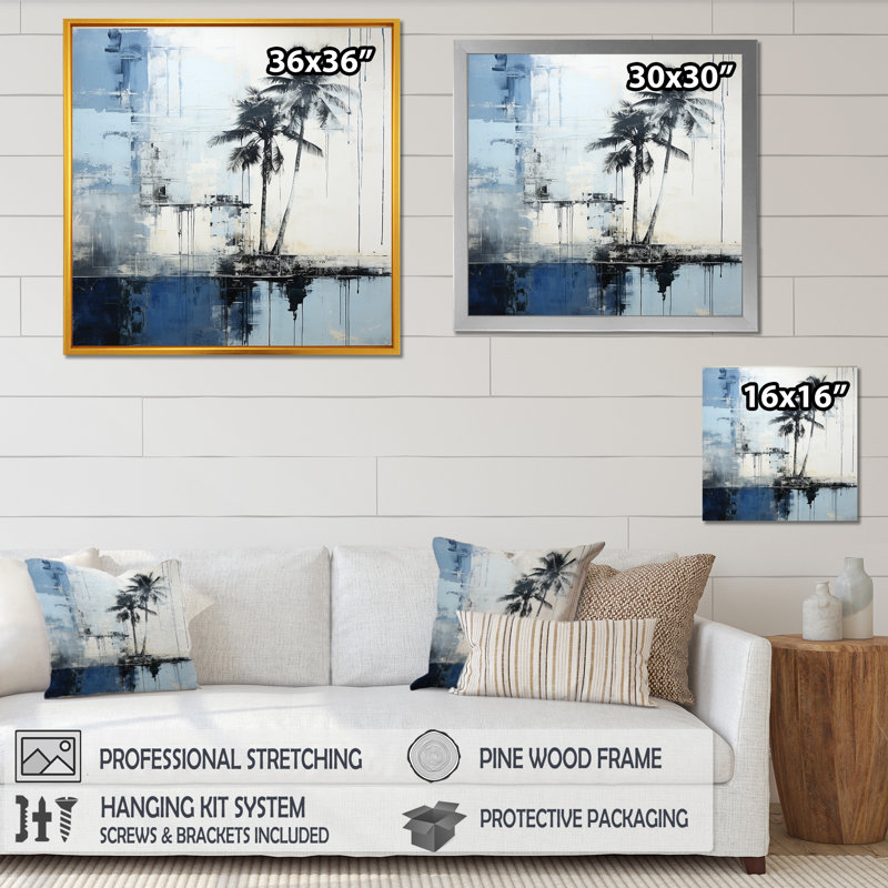 Collage de palmier tropical bleu et gris - décoration murale nautique et plage, H 36 po x l 36 po x P 1,5 po