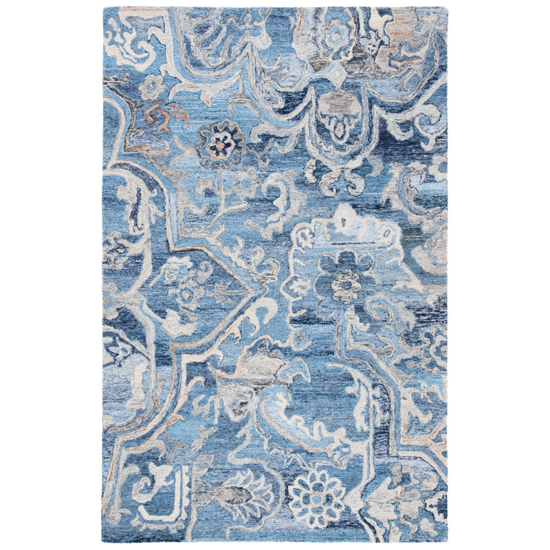 Castillon Floral Handmade Tufted Blue/Gray Area Rug, Rectangle 6' x 9'