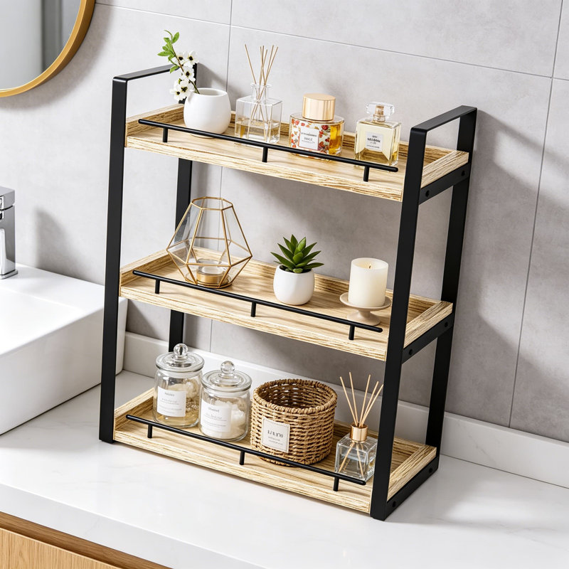 Organisateur de comptoir de salle de bain à 3 niveaux, tablette de comptoir en bois pour le rangement de maquillage pour la toilette, brun rustique avec support en métal durable pour l'évier de cuisine