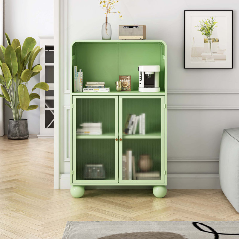 Storage Cabinet, Bathroom Floor Cabinet with Glass Door and Shelves,  Freestanding Display, Green