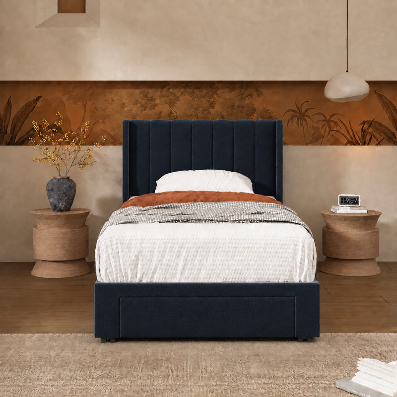 Lit plateforme avec rangement Jeilyn, Simple, Bleu