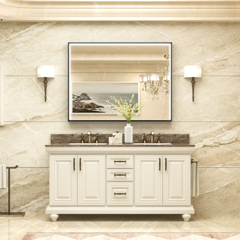 LED Metal Framed Anti-Fog Function 3 Color Adjustment Bathroom Mirror, 48" X 36"