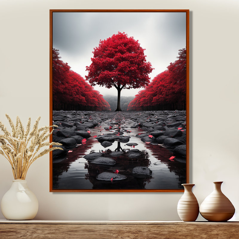 Rouge et gris forêt sérénité - art mural forêt, H 40 po x l 30 po x P 1,5 po, Cadre flottant brun