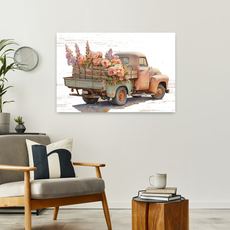 Art rétro de camion de fleurs rétro V, H 24 po x l 36 po