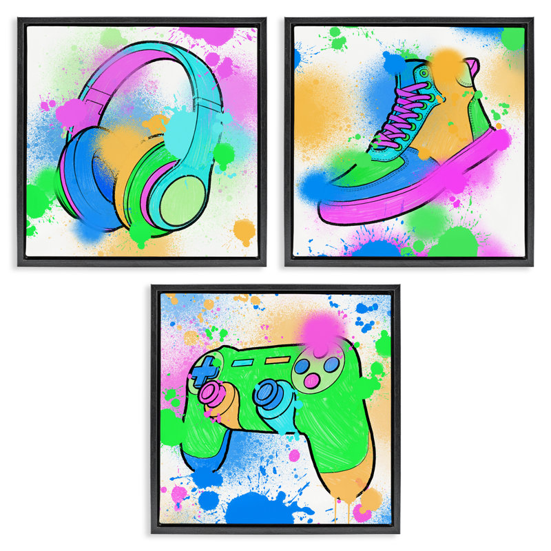 Ensemble de 3 toiles flottantes Urban Gaming & Sneakers encadrées par Marcus Prime, H 25 po x l 25 po