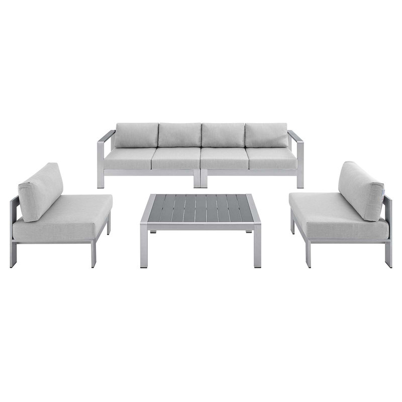Shore Sunbrella Outdoor Patio Aluminum 5 Piece Sectional Sofa Set, Gray