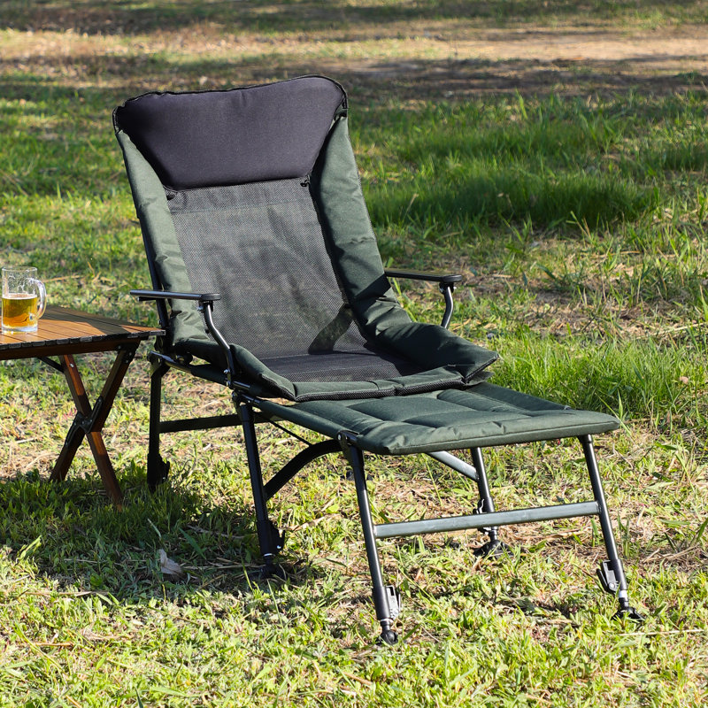 + Fauteuil de camping noir avec repose-pieds réglable et coussin central pour une éponge de détente en extérieur, Noir/vert