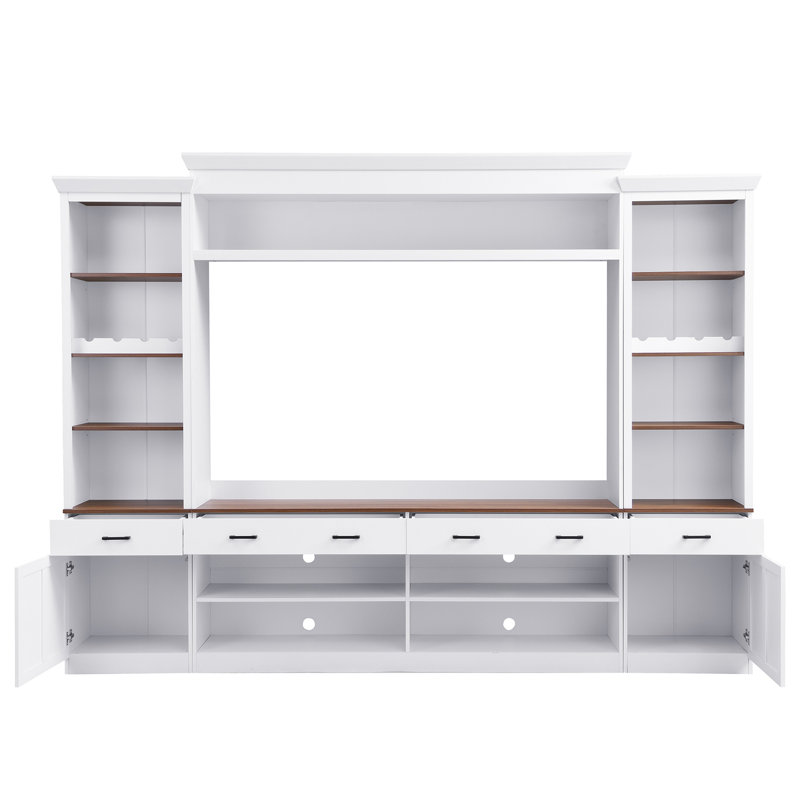Farmhouse 4-Piece Entertainment Center With Bookshelf For Tvs Up To 70", Walnut TV Stand With Adjustable Shelves, Mid-Century Media Console With Wine Rack For Living Room, White