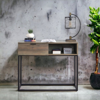 Rustic Oak And Black Writing Desk With Drawer And Shelf