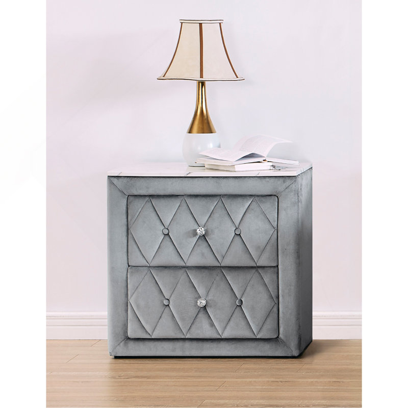 1pièce table de chevet en faux marbre avec 2 tiroirs de rangement à finition grise et capitonnée