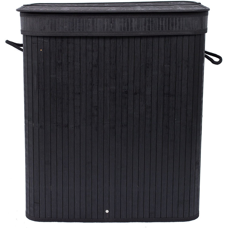Black Bamboo Double Laundry Hamper with Lid and Cloth Liner