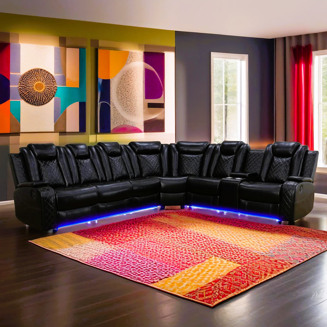 Magean Breathing Leather 3-Piece Living Room Recliner Sofa Set, Black Wrought Studio™