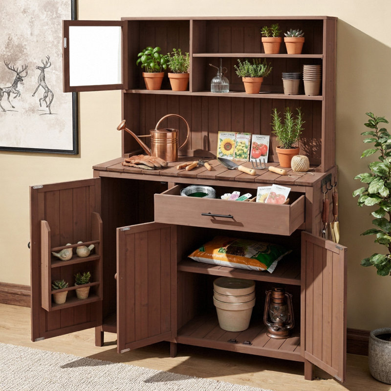 Banc de rempotage en bois de sapin massif 65 po avec huche | Poste de travail de jardin et îlot de cuisine pour patio, grand comptoir, tablettes réglables, support à épices et crochets latéraux