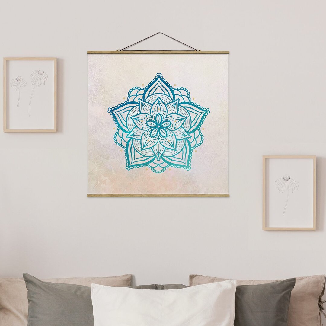 Stoffbild Mandala Hamsa Hand-Lotus-Set Gold Blau