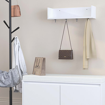 Ensemble de tablette de hall d'entrée murale avec crochets et banc de rangement, armoire à chaussures blanche moderne avec coussin et rangement fermé