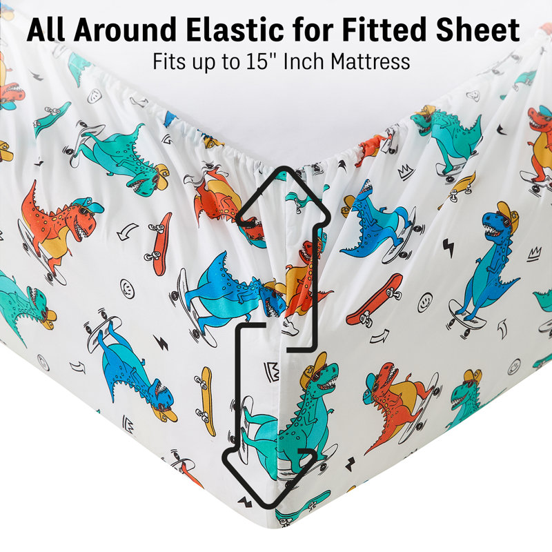 HLC.ME Skateboard Dinosaur Printed Kids Bed Sheets - 3 Piece Patterned Bed Sheet Set - Wrinkle Resistant & Ultra Soft - Fits Mattresses up to 15 Inches Deep - Twin