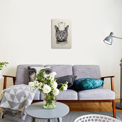 Drôle de chat noir et blanc, image murale, toile encadrée, art mural, impression de toilette, affiche, moderne, Farmehouse, peinture pour salle de bain, bureau à domicile, œuvre d'art prête à être suspendue (16 po x 24 po)