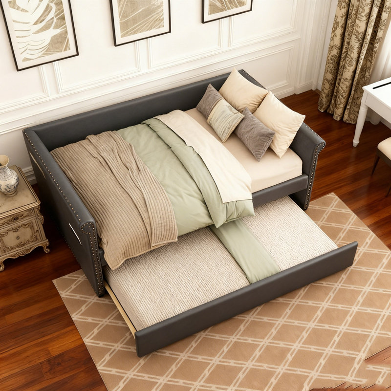 Daybed Pull-out Trundle Side Pockets Upholstery Nailhead Trim Bedroom Living Room Furniture, Dark Gray