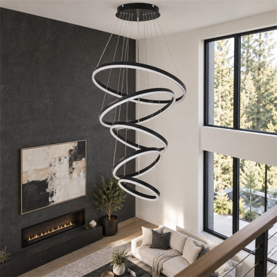 Modern 5 Rings LED Chandelier with Remote Control, Dimmable Black Ring Pendant Light with 3 Color Temperatures for Dining Room, Kitchen, Living Room and Entryway