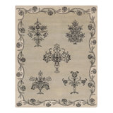 Rug & Kilim’S Block Print Rug, White And Taupe With Elegant Black Floral Motifs