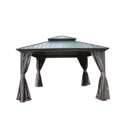 Pavillon de jardin à toit rigide, pavillon en métal et aluminium avec double toit en acier galvanisé, rideau et filet, pavillon de pavillon permanent pour patio, cour arrière, terrasse, pelouse