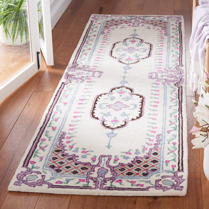Tapis floral en laine touffeté à la main Daran, Tapis de couloir 2 pi 3 po x 8 pi