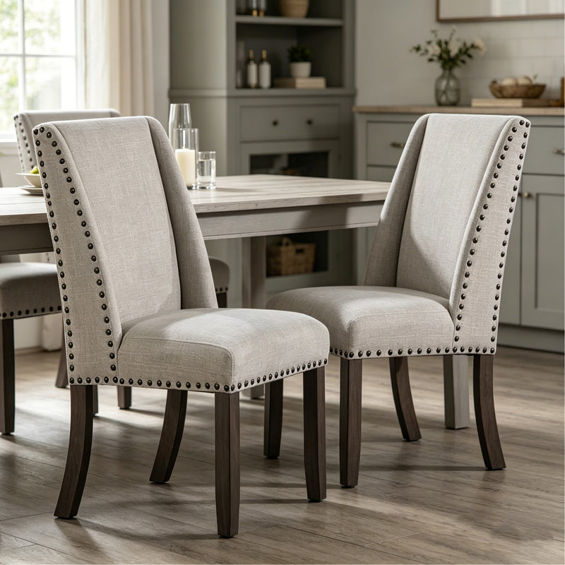 Ensemble de 2 élégantes chaises de salle à manger à haut dossier rembourrées avec garniture cloutée et pieds en bois massif de style classique