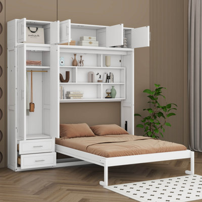 Queen Size Wall Murphy Bed With Storage, Space Saving Foldable Bed With Top Cabinet, Shelves And Wardrobe, Multi-Function Design
