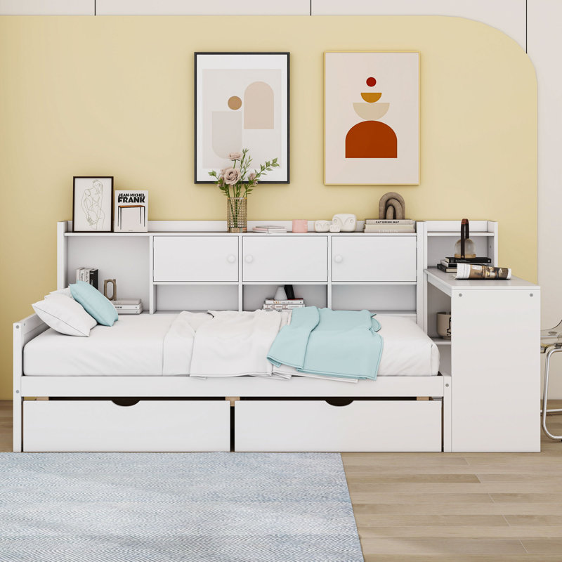 Lit de jour en L à 2 tiroirs en bois avec tablettes et bureau intégré, Lit simple, Blanc