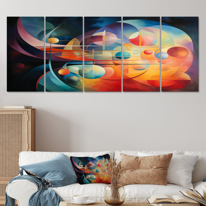Rainbow Moons Retro Geometrics - Abstract Landscape Wall Decor 5 pièce, H 32 po x l 80 po