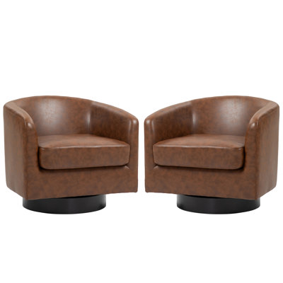 Applewold Upholstered Coffee Faux Leather Swivel Barrel Chair with Solid Wood Base
