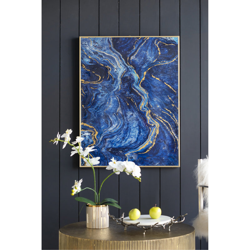 Ensemble de 2 panneaux d'art encadrés bleus et dorés, motif marbré unique, 30,5 po x 40 po