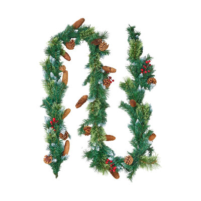 9-Ft Artificial Christmas Garland with Warm White LED Lights, Pine Cones and Berries for Mantel and Fireplace Decor