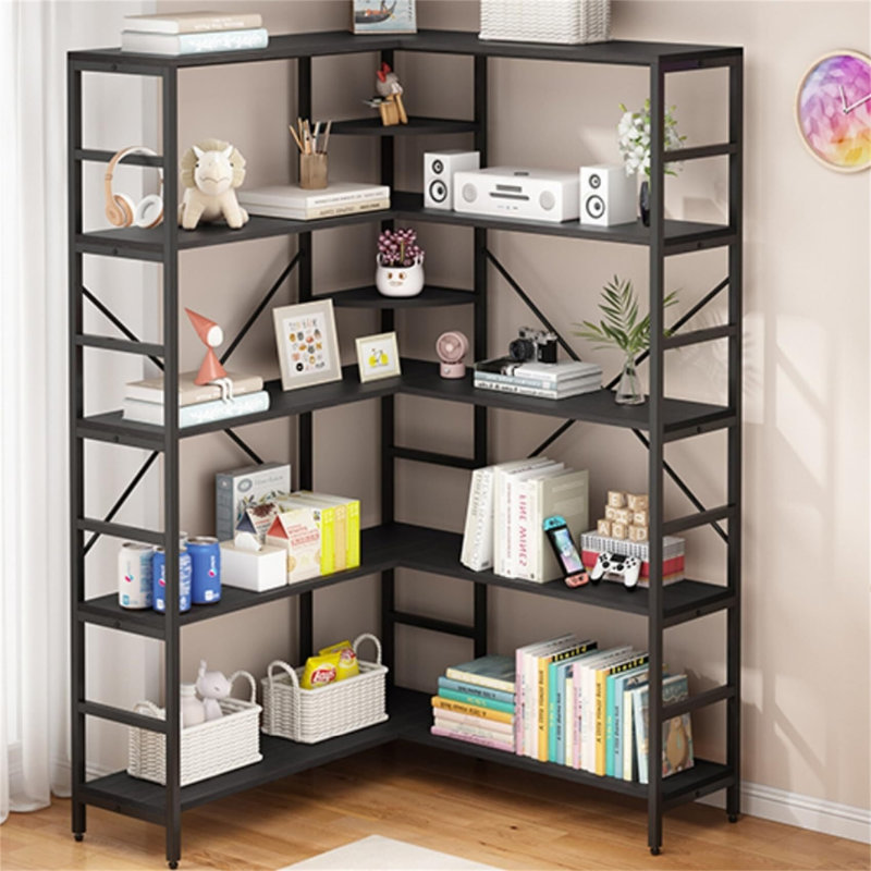 Bibliothèque d'angle à 5 niveaux, étagères industrielles, bibliothèque en forme de L avec rangement et structure en métal robuste pour le bureau de la chambre à coucher