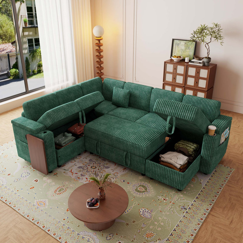 Canapé-lit d'angle en velours côtelé de 254 cm (100 pouces) avec ports USB et rangement