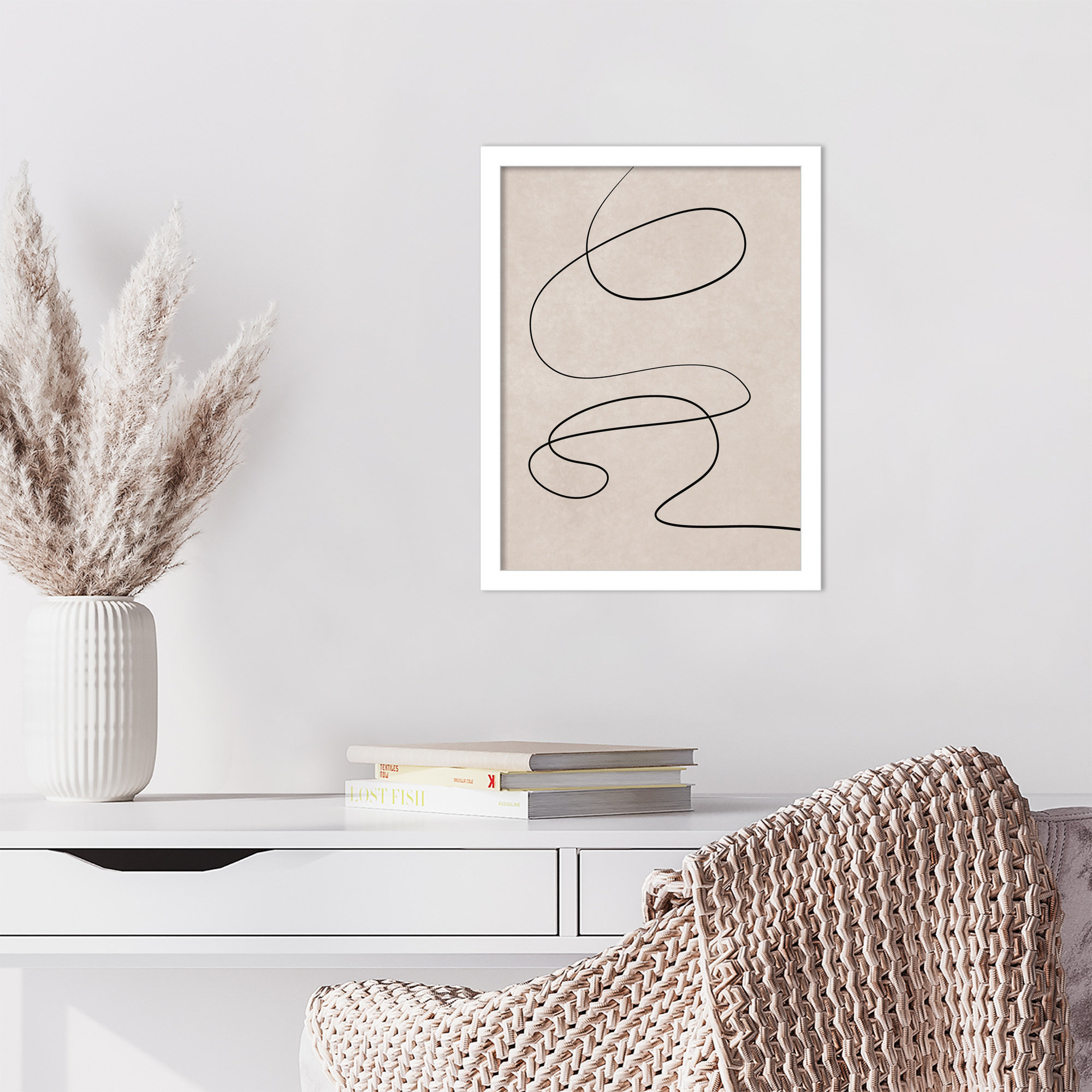 Black Line and Textured Beige Background by Little Dean Wood Framed Wall Art Print, White, 17" H x 13" W