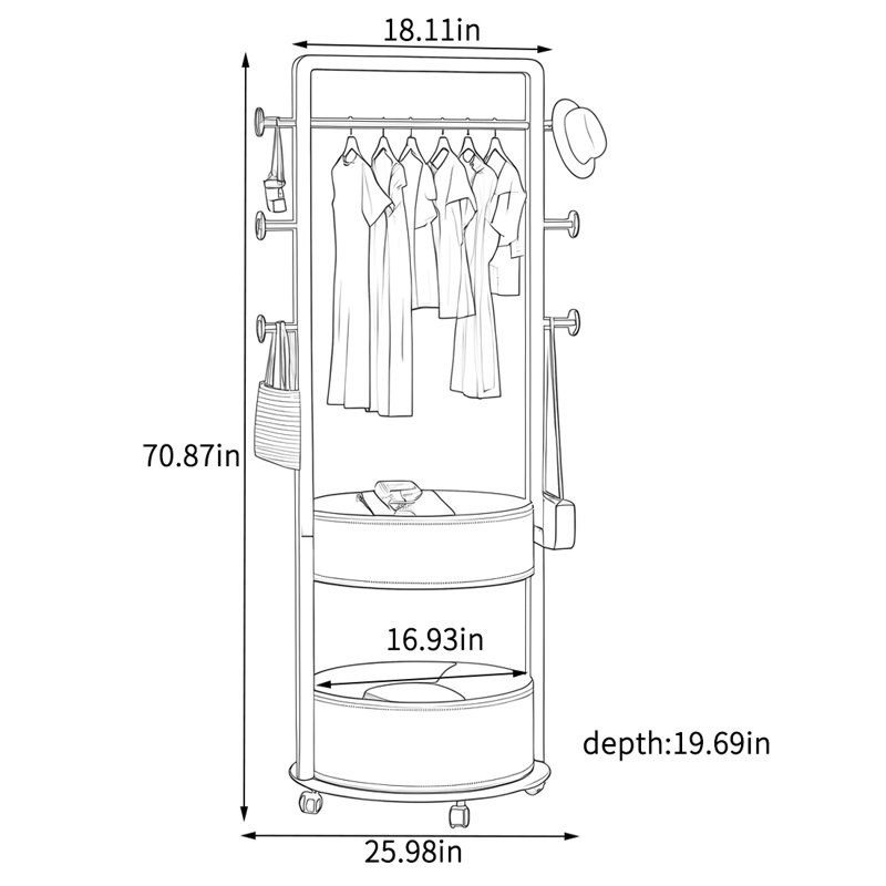 Carbon Steel Coat Rack Double Baskets, Khaki