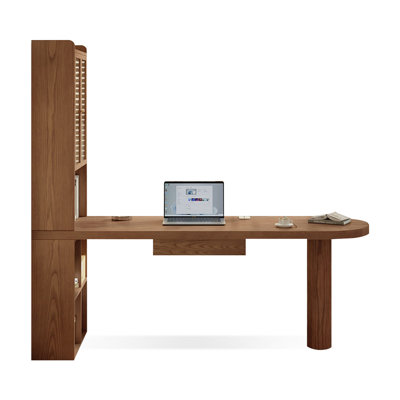 Light-walnut Half-circle Solid Wood + Glass with 1 drawers desk