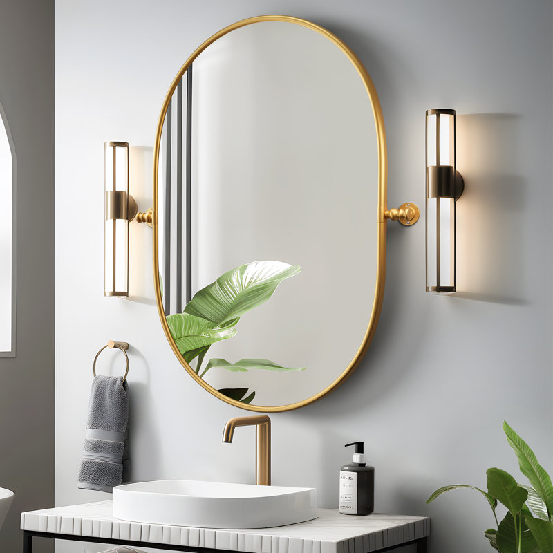 Metal Oval Wall Mirrors with Tilted Frame, 32" x 23", Gold