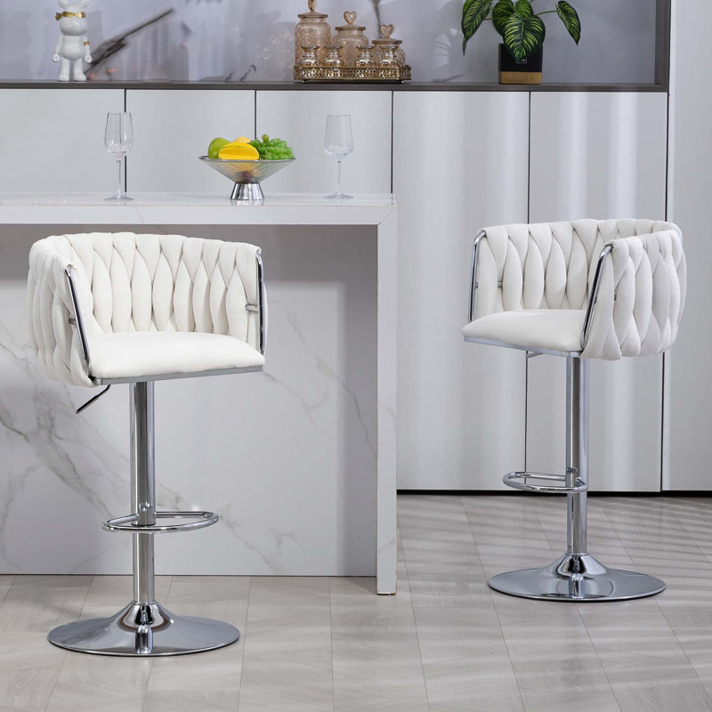 Tabouret de bar pivotant à hauteur ajustable avec dossier tissé et repose-pieds, Beige