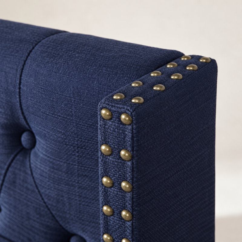 Tufted Wingback Upholstered Headboard with Nailhead Trim, Navy Blue-Linen, Queen