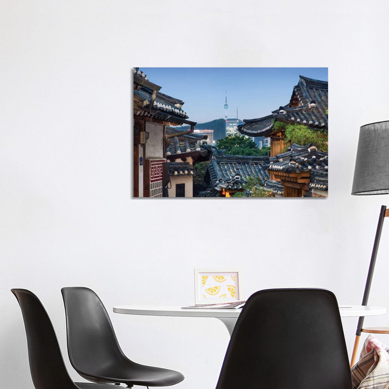 Historic Bukchon Hanok Village in Seoul with View of the N Seoul Tower and Namsan Mountain at Night 1 Piece Wrapped Canvas Wall Art