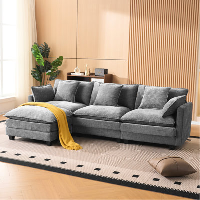 -Seater Gray Sofas with Movable Ottoman, Chenille Modern Home Sectional