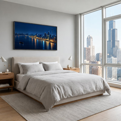 Blue Night City Skyline with Golden Building Reflections Canvas Wall Art