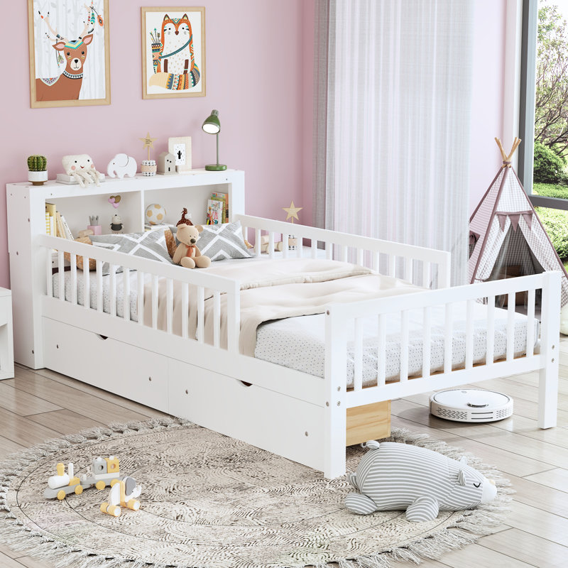 Lit simple avec rangement pour tête de lit - Deux garde-corps sous les tiroirs - blanc, taille propre, White