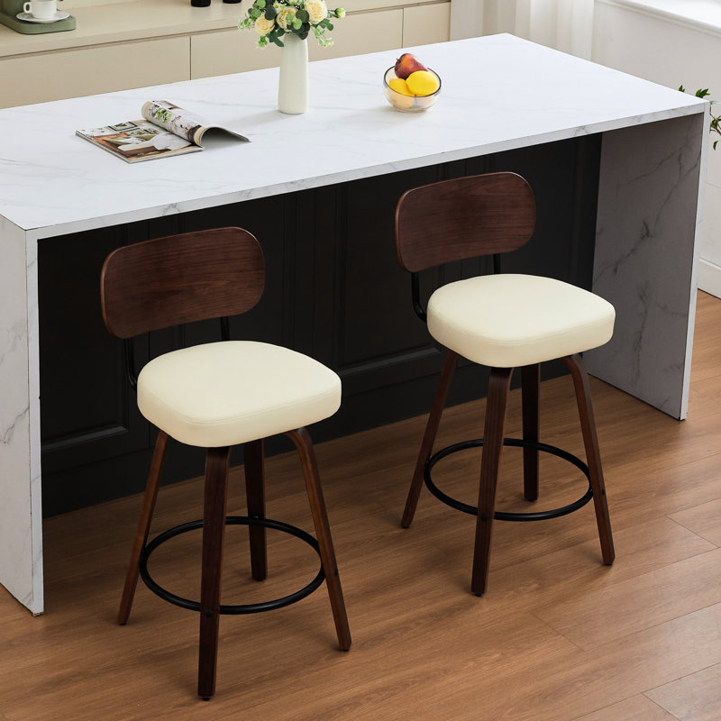 Tabouret de bar pivotant de style Mid-Century beige moderne de 26 po avec dossier et pieds en noyer