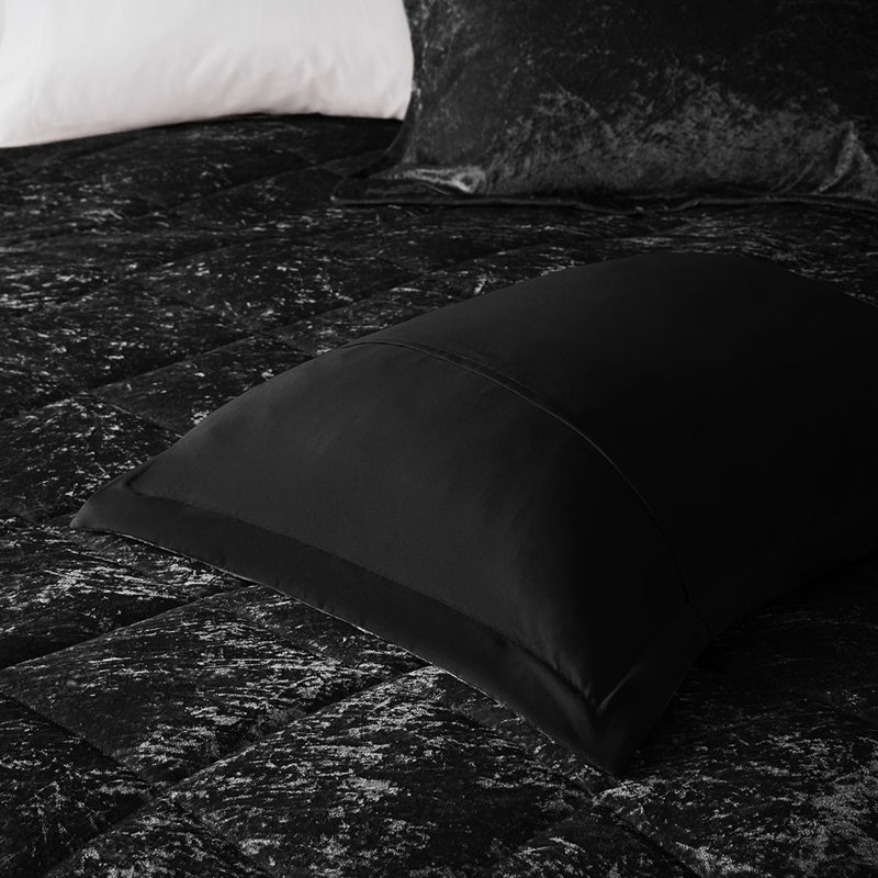 Édredon en velours noir simple / simple TG - matelassage losange, lavage en machine, coussin décoratif noir, jeté inclus