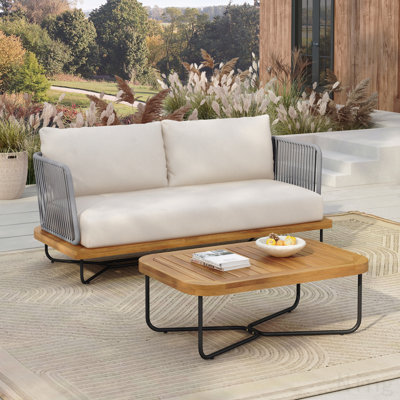 Causeuse et table d'extérieur en bois d'acacia tissé avec corde, gris