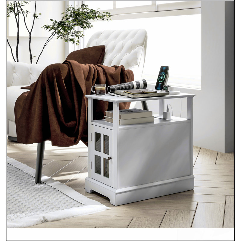 End Table with Charging Station, Narrow Side Table with USB Ports and Outlets, Small Table with Hidden Storage and Open Shelf for Living Room,