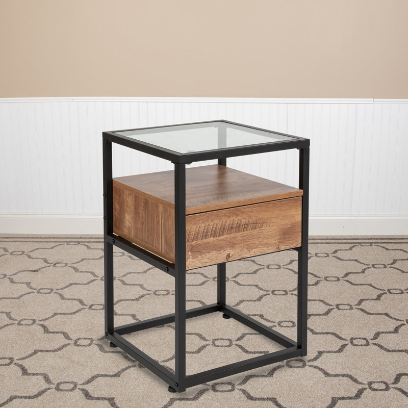 Riaan Glass End Table with Drawer and Shelf in Rustic Wood Grain Finish
